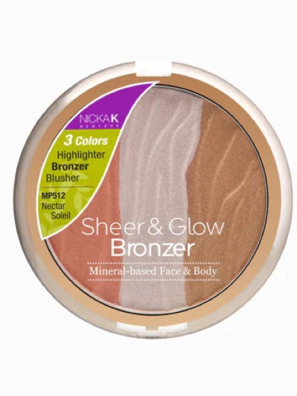 Nicka K Sheer & Glow Bronzer - 3-Color Highlighter, Bronzer & Blusher (Nectar)